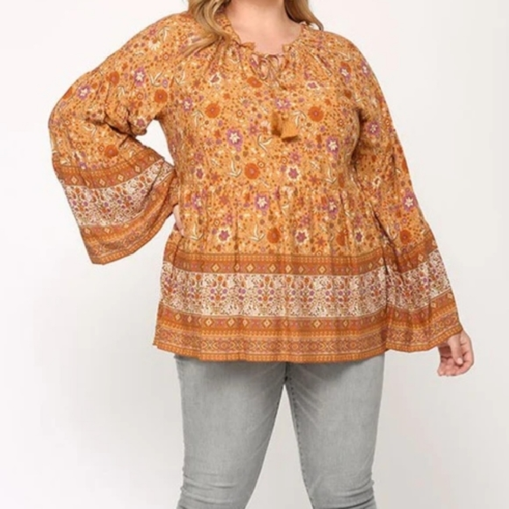 Gigio Plus orange boho‎ Peasant style top blouse NWT size XL flowy tassles